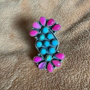 Stamped Sterling Silver Turquoise and Pink Adjustable Ring